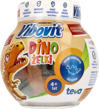 Vibovit Dino Żelki, witaminy dla dzieci 4+, w beżowym słoiku z pomarańczowym dinozaurem, widok z przodu.