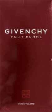 Bordowe, prostokątne opakowanie wody toaletowej Givenchy Pour Homme, z białym napisem i logo, widok z przodu.