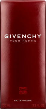 Bordowe pudełko Givenchy Pour Homme 100ml Eau de Toilette dla mężczyzn, z białymi napisami i logo, widok z przodu.