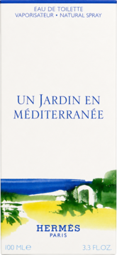 Białe pudełko Hermes Un Jardin En Méditerranée Eau de Toilette 100ml, widok z przodu, z morską ilustracją.