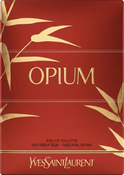 Czerwone pudełko YSL Opium, orientalna woda toaletowa, złote bambusy, widok z przodu.