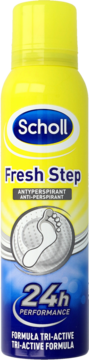 Scholl Fresh Step antyperspirant do st3p, ų#to-niebieski spray, widok z przodu, ikona stopy.