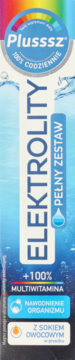 Plusssz Elektrolity, niebiesko-białe opakowanie suplementu diety nawadniającego z sokiem owocowym, widok z przodu.