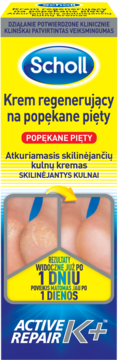 Scholl Krem regenerujący na popękane pięty, żółto-niebieskie opakowanie z efektem po 1 dniu i Active Repair K+.