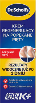 Dr. Scholl's krem regenerujący na popękane pięty Active Repair K+. Żółto-niebieskie opakowanie z efektem po 1 dniu.