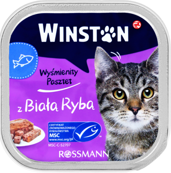 WINSTON ,karma pełnoporcjowa mokra dla dorosłych kotów, z białą rybą,przód