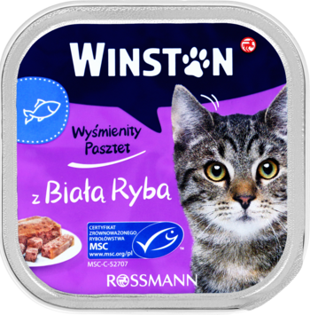 Purpurowa karma dla kota Winston z białą rybą, kwadratowe opakowanie z kotem, widok z góry, certyfikat MSC.