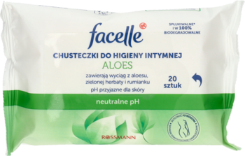 Chusteczki intymne Facelle Aloes, biało-zielone opakowanie 20 sztuk, z przodu, napis neutralne pH.