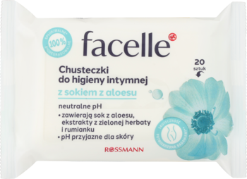 Facelle chusteczki intymne z aloesem w białej paczce, widok z przodu, z niebieskim kwiatem i napisem 20 sztuk.