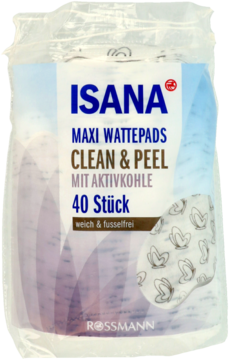 Opakowanie 40 płatków Isana Maxi Wattepads Clean & Peel z aktywnym węglem, widoczne wzory.