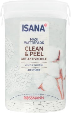 Isana Maxi Wattepads Clean & Peel, płatki do peelingu z węglem aktywnym, 40 sztuk, front białe opakowanie.
