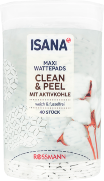 Białe płatki kosmetyczne Isana Maxi Clean & Peel z aktywnym węglem, 40 sztuk. Widok z przodu.