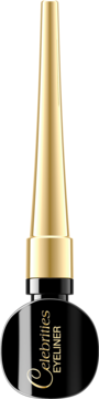 Czarny eyeliner Celebrities Widelash™ z ultraprecyzyjnym pędzelkiem i złotą, stożkową nakrętką.