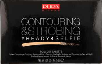 Czarna paleta Pupa Milano Contouring & Strobing, widok z góry, z metalicznym tekstem i beżową smugą.