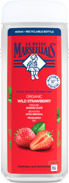 Le Petit Marseillais Organic Wild Strawberry shower gel, 400ml, w przezroczystej butelce z czerwoną etykietą, widok z przodu.