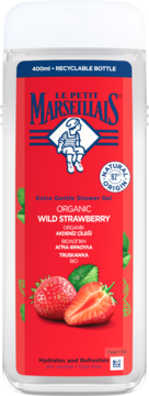 Le Petit Marseillais Organic Wild Strawberry shower gel, 400ml, w przezroczystej butelce z czerwoną etykietą, widok z przodu.