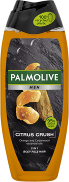 Orange Palmolive Men Citrus Crush 3-in-1 shower gel, front view, label depicts orange peel and cedarwood.