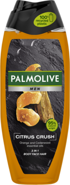 Orange Palmolive Men Citrus Crush 3-in-1 shower gel, front view, label depicts orange peel and cedarwood.