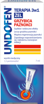 Undofen 3w1 Żel Grzybica Paznokci w białym pudełku, widok z przodu, z ilustracją aplikacji na stopę.