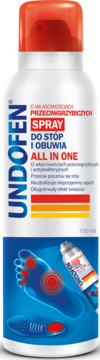 Undofen All in One Spray do stóp i obuwia, biała butelka z czerwoną nakrętką i grafiką stopy, widok z przodu.