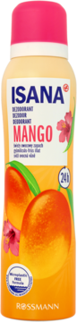 Dezodorant w sprayu Isana Mango, żółto-pomarańczowa butelka z różową nakrętką, widok z przodu.
