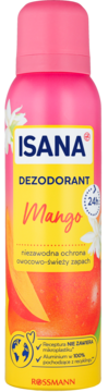 Różowy dezodorant Isana Mango spray 24h, etykieta z owocem mango i napisem Rossmann, widok z przodu.