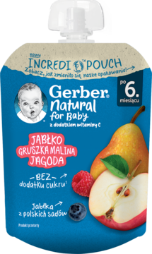 Gerber Natural Incredi Pouch jabłko gruszka malina jagoda bez cukru dla dzieci od 6. m-ca, widok z przodu.