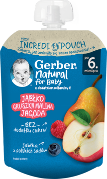 Gerber Natural Incredi Pouch jabłko gruszka malina jagoda bez cukru dla dzieci od 6. m-ca, widok z przodu.