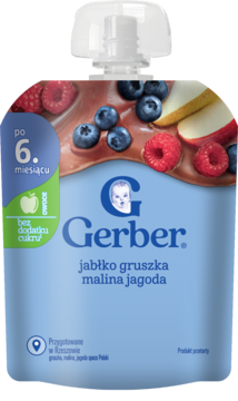 Niebieski mus owocowy Gerber jabłko gruszka malina jagoda dla niemowląt, widok z przodu, bez cukru.