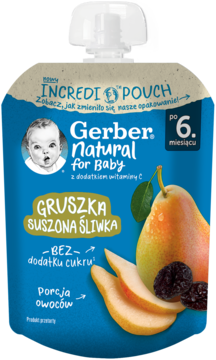 Niebiesko-beżowa saszetka Gerber Natural Gruszka Suszona Śliwka dla niemowląt, 6+ miesięcy, widok z przodu.