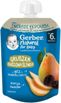 Niebiesko-beżowa saszetka Gerber Natural Gruszka Suszona Śliwka dla niemowląt, 6+ miesięcy, widok z przodu.