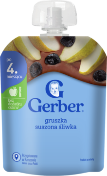 Gerber mus gruszka i śliwka w błękitnej tubce, widok z przodu, dla niemowląt po 4 miesiącu, bez cukru.