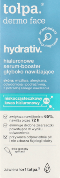 Tolpa Dermo Face Hydrativ hialuronowe serum-booster, turkusowe opakowanie z białym tekstem, widok z przodu.