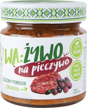 Słoik pasty WA:ŻYWO na pieczywo o smaku suszonego pomidora i żurawiny, biała etykieta, widok z przodu.