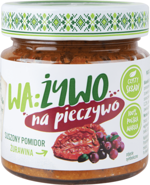 Słoik pasty WA:ŻYWO na pieczywo o smaku suszonego pomidora i żurawiny, biała etykieta, widok z przodu.