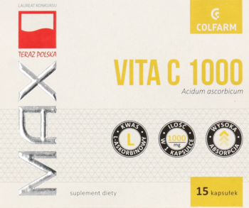 Beżowe opakowanie Colfarm Max Vita C 1000 z 1000 mg witaminy C, widok z przodu.