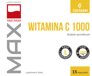 Białe opakowanie suplementu Max Witamina C 1000 mg. Widok z przodu, żółty napis, logo Colfarm.