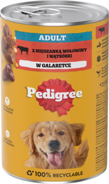 Puszka karmy Pedigree Adult z wołowiną i wątróbką w galaretce, żółta etykieta z psem, widok z przodu.