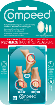 Compeed plastry na pęcherze w zielono-białym opakowaniu, z ilustracjami stóp i plastrów. Widok z przodu, 5 sztuk MIX.