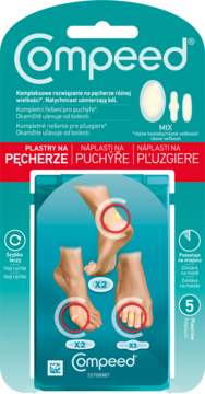 Compeed plastry na pęcherze w zielono-białym opakowaniu, z ilustracjami stóp i plastrów. Widok z przodu, 5 sztuk MIX.