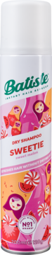Batiste Dry Shampoo Sweetie, biała puszka z różowo-pomarańczową etykietą i grafikami, widok z przodu.