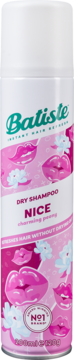 Batiste Dry Shampoo NICE Charming Peony w białej i różowej puszce z motywem ust i kwiatów, widok z przodu.