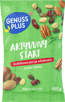 Zielona torebka Aktywny Start Rossmann, mieszanka orzechów, żurawiny i pestek dyni, 150g, widok z przodu.