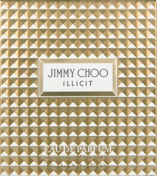 Jimmy Choo Illicit Eau de Parfum, złote pudełko z wytłaczanym wzorem i logo, widok z przodu.
