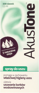 AkusTone spray do uszu, białe opakowanie z pionowym logo i okrągłą ikoną '3 naturalne oleje'.