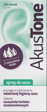 Biało-zielone opakowanie AkusTone sprayu do uszu, fioletowy napis i ikona 3 naturalnych olejów, widok z przodu.