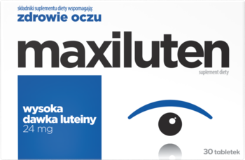 Białe opakowanie Maxiluten, suplementu na zdrowie oczu, z niebieskim pasem i symbolem oka. Widoczna dawka 24 mg luteiny.