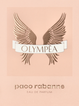 Opakowanie Paco Rabanne Olympea EDP: brzoskwiniowe tło, złote skrzydła, napis OLYMPÉA i logo. Widok z przodu.