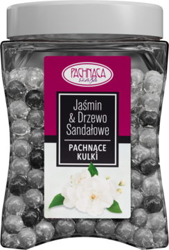 Kulki zapachowe Jaśmin i Drzewo Sandałowe w kwadratowym przezroczystym słoju. Białe i szare żelowe perełki, etykieta z jaśminem.