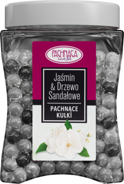 Kulki zapachowe Jaśmin i Drzewo Sandałowe w kwadratowym przezroczystym słoju. Białe i szare żelowe perełki, etykieta z jaśminem.